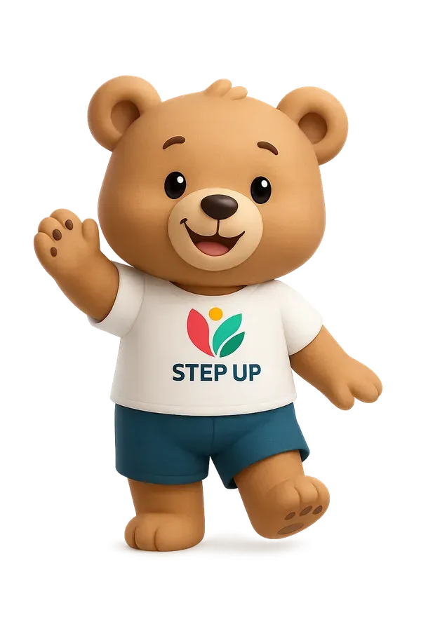 Step Up bear mascot waving